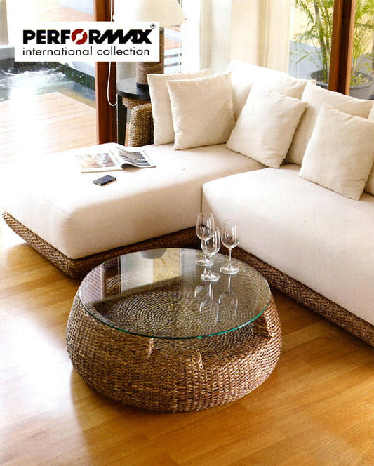 高品質 ウォーターヒヤシンス ローテーブル センターテーブル 丸型 円形 ガラス ラウンド リビングテーブル W90cm アジアン テーブル ソファーテーブル リゾート 上質 アジアン家具 ナチュラル モダン 新生活 PERFORMAX 正規品 【在庫販売品】