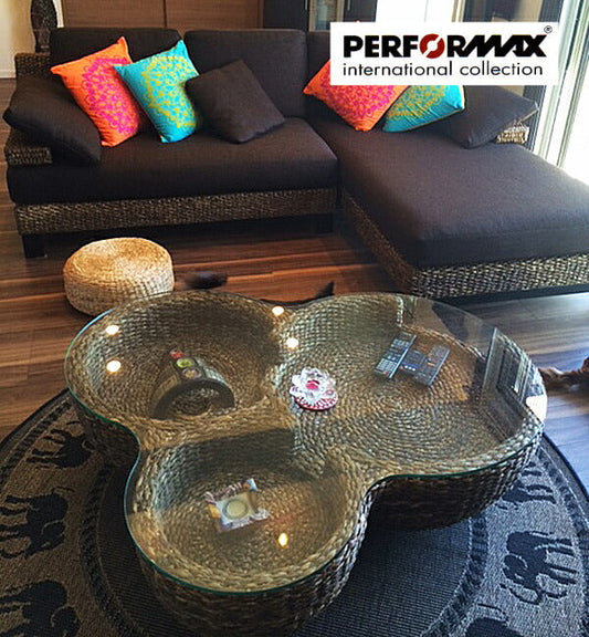 高品質 ウォーターヒヤシンス アジアン テーブル ローテーブル センターテーブル ガラス リビングテーブル 円形 ソファーテーブル リゾート バリ 上質 アジアン家具 ナチュラル モダン 新生活 PERFORMAX 正規品【在庫販売品】